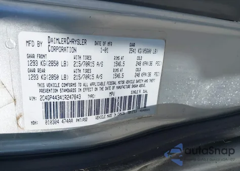 2001 Chrysler Town & Country Lx from USA, damaged, VIN 2C4GP44341R247843